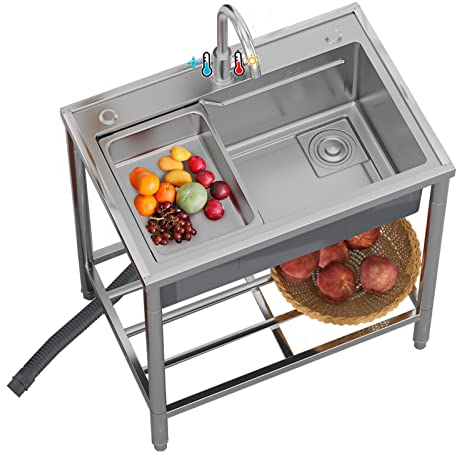 Spülbecken, freistehend, Edelstahl, kommerzielle Küchenspüle, Set mit heißem und kaltem Wasserhahn, für Innen- und Außenbereich, für Wäsche, Industrie, Garage, Tiefe 22 cm