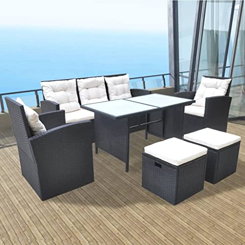 KTHLBRH Outdoor Lounge Garten möbel draußen Balkon Tisch und stühle 6-TLG. Garten-Essgruppe mit Auflagen Poly Rattan Schwarz