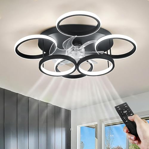 SXLXQM Ventilateur avec lumière silencieux, ventilateur de plafond avec éclairage et télécommande, plafonnier LED dimmable de 60W avec ventilateur pour salon chambre à coucher. Noir