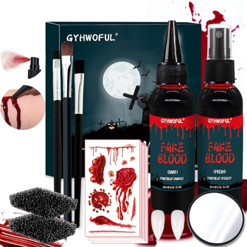 GYHWOFUL Halloween Set de Faux Sang Lavable – Spray de Faux Sang de 60 ml, Faux Sang Dégoulinant de 60 ml, 10 Tatouages, 1 Miroir Cosmétique, 3 Pinceaux, 2 Éponges et 2 Prothèses Dentaires, Fake Blood