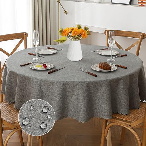 Rund 120cm Dunkelgrau Leinen-Optik Tischdecken, Lotuseffekt Abwaschbare Tischtuch, Tischdecke Wasserdicht, Dauerhaft Kratzfest für Wohnzimmer, Esszimmer, Balkon, Garten, Outdoor-tischdecke Wetterfest