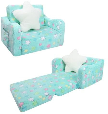 Kindersofa Ausklappbar mit Sternenkissen,2 in 1 Schlafsofa Kindersessel für Mädchen und Jungen,Weich Kinder Couch für Schlafzimmer Spielzimmer Kinderzimmer,Geschenk zum Geburtstag-Stern Blau