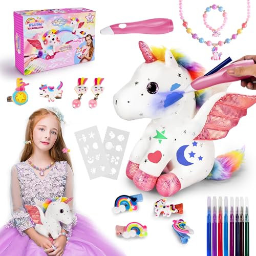 BuzzoXerex Einhorn Kuscheltier für Mädchen, Einhorn Basteln mit Airbrush, Airbrush Set Kinder mit Elektrischer Airbrush Stifte, Einhorn Spielzeug Geschenke für Mädchen 3-8 Jahre