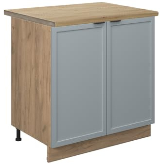 Vicco Spülenunterschrank Fame-Line, Hellblau-grau, 80 cm | MDF-Front · Arbeitsplatte Eiche · Höhenverst. Füße · Metallgriffe · Soft-Close