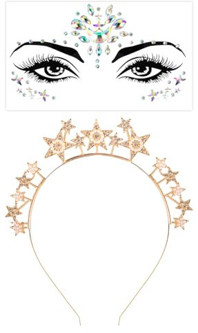Haarreif Sterne Gold, Strasssteine Haarba, Damen Sternen Strass Perlen Haarband Haarschmuck, Glitzer Haarschmuck für Karneval Kostümparty Musikfestivalnd Silber Stirnband + Glitzer Gesicht Sticker