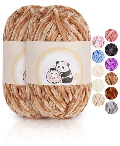Aeelike 200g Chenille Garn zum Stricken, Weich Chunky Chenille Fluffy Yarn, Flauschige Samt Velvet Chenille Wolle zum Häkeln, Warme Plüschwolle für Mützen, Schals, Decken, Hell Khaki