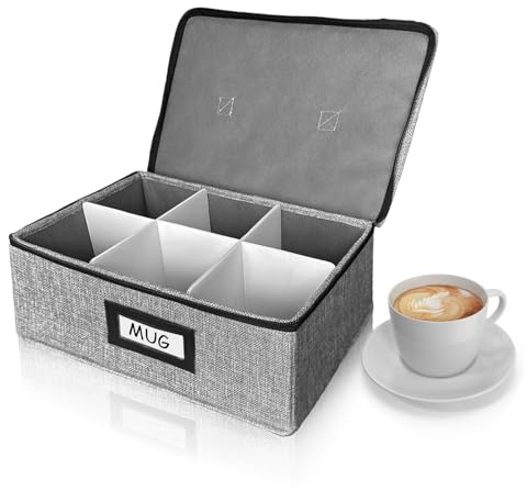 HURZMORO Cup and Mug Storage Box with Dividers – Stackable Hard Shell Organizer with Zipper Lid and Handles, Holds 6 Coffee Mugs or Tea Cups, Ideal for Moving and Packing(Grey)