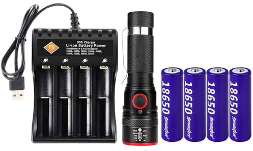 VISVIC Bright Torch,w/4-slot Universal Battery Charger & Rechargeable 4 Pack 18650 Battery,3 Modes 2000 Lumen Handheld Flashlight,Compact Torch fit for Camping, Fishing,Dog Walking, Gift Giving