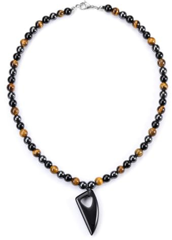 PiercingJak Collier Homme Protecion Perles Pierres en Pendentif Croc Loup | 8mm Collier Triple Protection Perles Pierres Naturelles Pendentif Triangle Oeil de Tigre / Obsidienne Bijoux Amulette Surfer