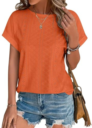 Cuptacc Tops para Mujer Blusa Camisa de Mujer Elegante Verano Bordado Manga Corta Cuello Redondo Naranja Casual Mediano M 38-40
