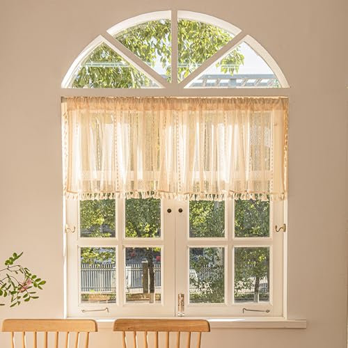 Hoisy Vorhänge Kurz Scheibengardine Küche Gardinen für Küche Esszimmer Landhausstil Spitze H46 X B148 cm 1 Pack