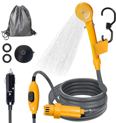 BORDEAG Ducha de camping con bomba, ducha de camping portátil con bomba, ducha exterior portátil de 12V, ducha de camping, ducha al aire libre, ducha exterior para camping, viajes, jardín, lavado de