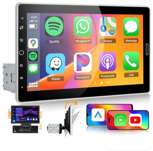Single Din Car Stereo with Wireless Carplay Android Auto AM/FM/RDS,Hodozzy 10.1 HD IPS Detachable Touchscreen 1 Din Radio with Youtube Bluetooth EQ SWC Reversing Camera+USB/TF Card/Aux Ports