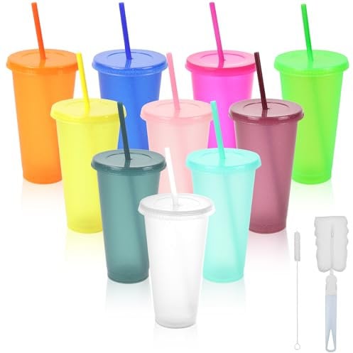 Galerie SV 10 Piezas Vasos de Plástico de Colores con Tapa y Pajitas, 710ML Reutilizables Vasos de Plástico, Tazas de Café para Llevar Batidos Niños para Camping Fiestas Festivales Bodas Viajes Blanco