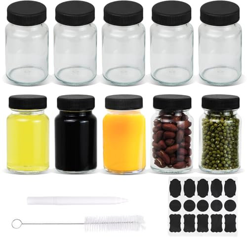 TAIXING Lot de 10 petites bouteilles à shot de 60 ml à remplir, épaisses, anti-fuite, petites bouteilles à remplir, réutilisables, à large bouche, pour des shots de gingembre, des jus, des spiritueux