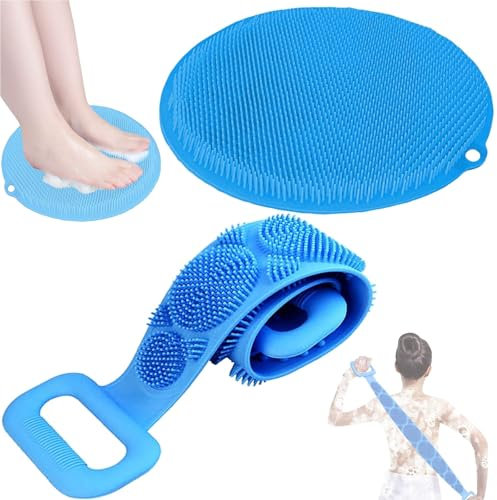 QUPOLPOL Brosse Dos Silicone Long Manche + Tapis Massage Pieds Douche – Kit Bain Exfoliant Antidérapant, Accessoire SPA Relax Maison pour Femme & Homme (Bleu, standard)