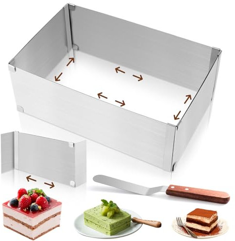 Qichan Backrahmen Rechteckig Verstellbar, 10cm Hohe Edelstahl Backrahmen Eckig Verstellbar mit Teiler, Spatel, Tortenring Eckig Wiederverwendbar für Backen/Schichttorten