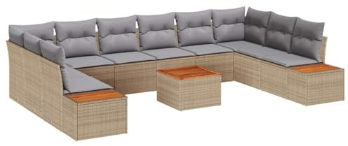vidaXL 11-teiliges Garten-Sofa-Set mit Kissen in Beige aus Poly-Rattan und Akazienholz. Perfekt für draußen, flexibel einsetzbar und wetterfest. Ideal für deinen Balkon oder Patio!