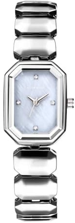 JewelryWe Damenuhr Kleine Rechteckige Uhren: Elegant Analog Quarz Armbanduhr Damen Silber Edelstahl Gliederarmband Uhr mit Achteckigem Perlmutt-Zifferblatt - Geschenk für Frauen Mädchen