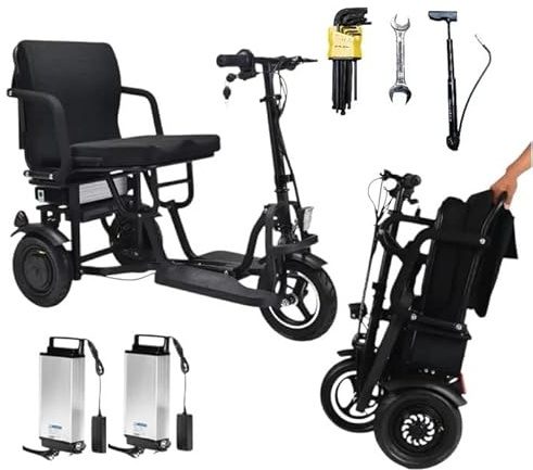 Mobility Folding E-Mobility Device 3 Wheel 2 Motors, 48V, Removable 15Ah Battery, Lightweight Portable Power Travel Vehicle Long Range (20m), Powerful, Dual Motors (Vehichle with 2x15Ah Batteries)