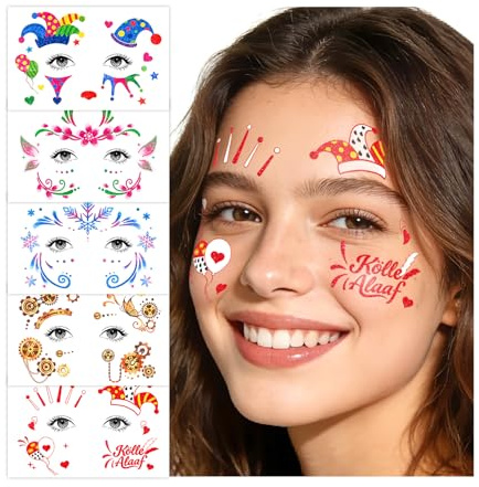 Gesichtstattoo Karneval, Köln Rot Weiss Glitzer Gesicht Tattoo | Schmetterling Meerjungfrau Fasching Schminke für Damen Kinder, Karnevalsschminke Karneval Kostüm Damen Accessoires