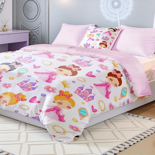Wajade Prinzessinnen-Bettwäsche-Set für Einzelbett mit 1 Kissenbezügen, ohne Bezug, mit Prinzessinnen-Muster, waschbar, wendbar, für alle Jahreszeiten, leicht, warm, 135 x 200 cm