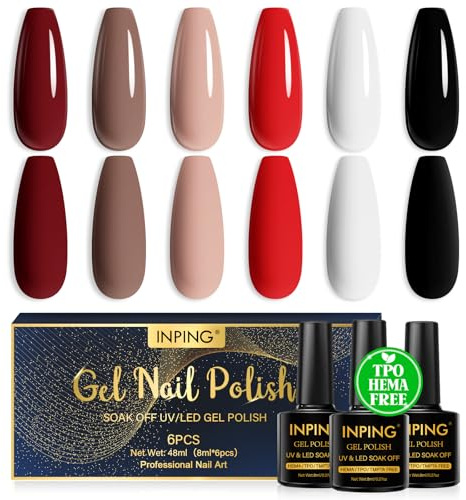 INPING UV Nagellack TPO-FREE Rot Schwarz 6 Farben Gel Nägel 8ML | Rot Burgunder Braun Nude Rot Schwarz Weiß UV Lack Nagellack Soak Off UV für Weihnachten Frauen Nail Salon DIY