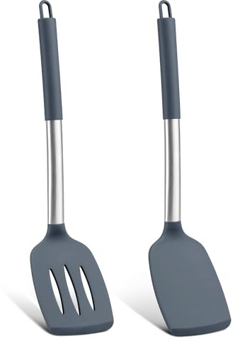 Herogo Stainless Steel Non-Stick Kitchen Spatula Pack of 2 - Grey | Slotted & Solid Spatula Turner Set for Cooking/Frying, Ideal for Pancakes, Egg, Easy to Clean & Dishwasher Safe