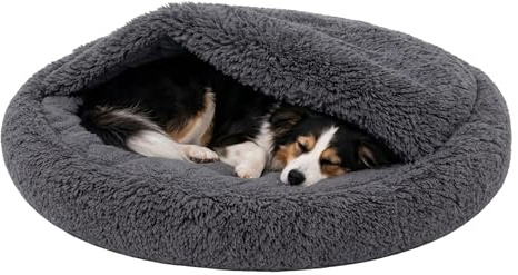 Odolplusz Rundes Kuschel-Hundebett und Katzenbett, Grau, Shaggy Bouclé, Schlafsack-Design, Warmes Höhlenbett, Rutschfester Boden, Maschinenwaschbar, für Mittelgroße Hunde und Große Katzen (100 cm)