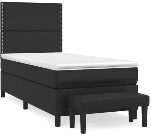 mtlskopl Boxspringbett Schwarz 90x190 cm Kunstleder mit Taschenfederkernmatratze Höhenverstellbares Kopfteil und Sitzbank Modernes Design für Schlafzimmer Gästezimmer Jugendzimmer