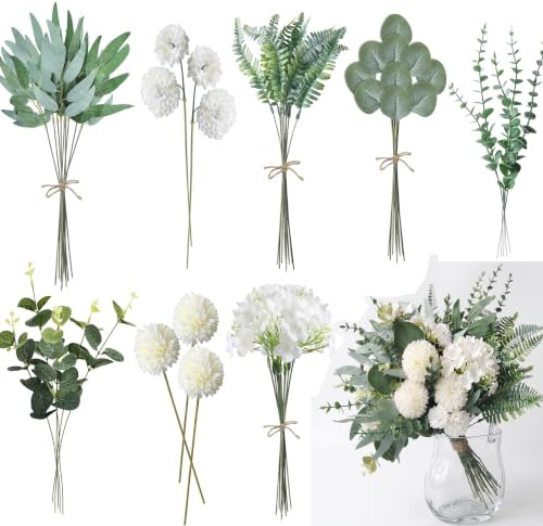 55 Stück Künstliche Zweige & Kunstblumen,Weiß Blumen Blätter Künstlich Dekozweige, Kunst Blumen Kunstblumenstrauss Eukalyptus Hortensien für DIY Brautstrauß & Kunstblumen Hochzeit & Party Deko