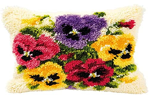 VERVACO Deko Kissenbezug Knüpfset für Anfänger STIEFMÜTTERCHEN Basteln Erwachsene Kreativ DIY Handarbeit Selber Knüpfe ca. 40 x 40 cm Latch Hook Kit Set Kissen Knüpfkissen mit Knüpfhaken, Multicolor