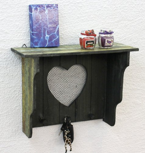 DanDiBo Schlüsselregal Holz Herz Schlüsselkasten Schlüsselbart Wandregal A12020 Wandkosole Vintage Shabby Hakenleiste Regal Briefablage