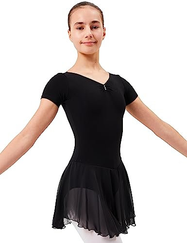 tanzmuster ® Ballettkleid Mädchen Kurzarm - Betty - aus Baumwolle mit Glitzersteinen und Chiffon Röckchen in schwarz, Größe:104/110