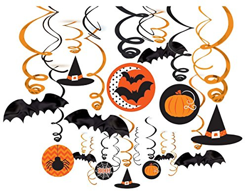 Amscan 671300-55 - Deko-Spiralen Halloween Fledermäuse, 30 Stück, aus Folie und Papier, Länge 61 cm, Kürbis, Pumpkin, Witch, Halloween, Horror-Party, Mottoparty,