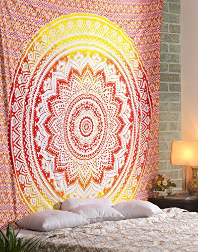 ele ELEOPTION Wandteppich Indian Mandala Wall Hanging Hippie Tapestry Wanddeko für Kinderzimmer Wohnzimmer Schlafzimmer auch als Yogamatte Picknickdecke Strandtücher (Rot und Gelb, 150 x 205cm)