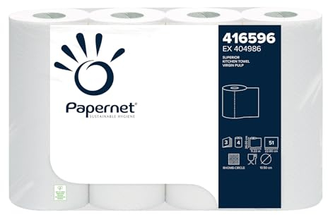Papernet Cocina rollo superior, celulosa, 3 capas, en rollo, 51 hojas, 26 x 22 cm, blanco (4 rollos)