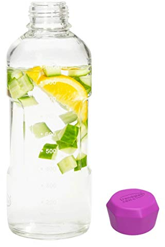 Trendglas Jena Glasflasche/Trinkflasche to go aus Borosilikatglas mit Skala - violetter Verschluss, 1000 ml