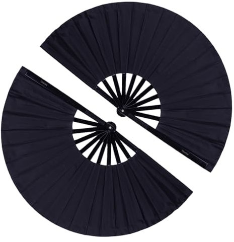 2 Pack Large Folding Hand Fan, Minelife Nylon-Cloth Vintage Retro Fabric Fans, Chinese Kung Fu Tai Chi Hand Fan for Men/Women, Festival, Dance, Gift, Performance, Decorations (Black)