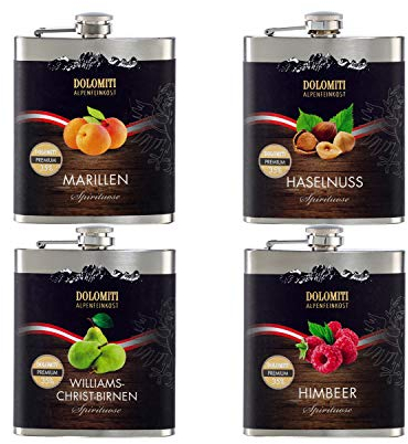 DOLOMITI Flachmann gefüllt - 4er Set Marille/Haselnuss/Williams/Himbeer Schnaps │ Premium Spirituose 35% vol. │ fruchtige, angenehm milde Schnäpse im Edelstahl Flachmann │0.2 Liter │wiederbefüllbar