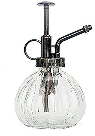Hovico - Regadera de cristal para interior, botella pulverizadora, 6.3 pulgadas de alto, estilo vintage, pulverizador, bomba de plástico de bronce, regadera, bote de vidrio