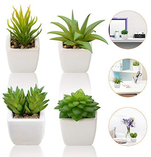 Plantas Suculentas Artificiales 4 Piezas, Plantas Falsas Pequeñas Mini Plantas Suculentas en Macetas, Planta Decorativa de Fuax para el Hogar Casa Mesa Balcón Oficina Interior Decoración Accesorios