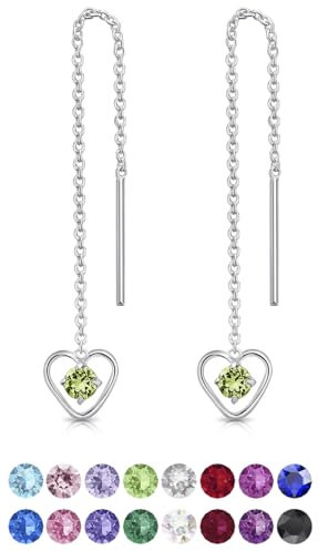 Orecchini Cuore Pendenti Argento 925 con Brillantini Verdi Peridoto di Cristallo 3 mm - Orecchini Donna Lunghi con Brillanti Punto Luce - Classici Eleganti Ipoallergenici