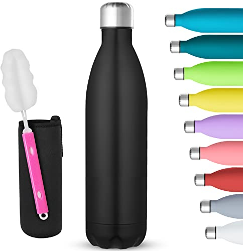 GeeRic Stainless Steel Water Bottle 750ml, Double-Walled Vacuum Insulated Metal Water Bottle 12 Hours Hot & 24 Hours Cold Drinks Cycling Bottles for Outdoor Sports Hiking Running 750ml Black