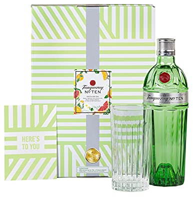 Tanqueray No.Ten, Premium Gin, im hochwertigen Geschenkset mit Glas & Grußkarte, handverlesen auf englischem Boden, 47,3% vol, 700ml Einzelflasche |