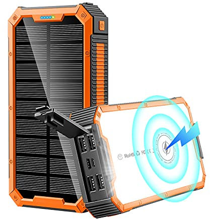 Siqi Power Bank 36800Mah-5V / 3A Carga rápida Wireless Power Banks Cargador portátil Solar [4 Salidas y 3 entradas] con linternas LED Paquete de batería Externa-Black Orange