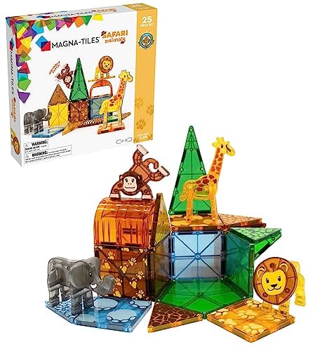 Magna-Tiles Safari Animals 25-Piece Set - 3D magnetic building tiles, Clear Colors