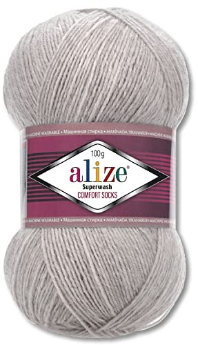 Wohnkult Alize 100 g Superwash Comfort Sockenwolle 33 Farben zur Auswahl EIN-/Mehrfarbig (21 | Grau Melange)