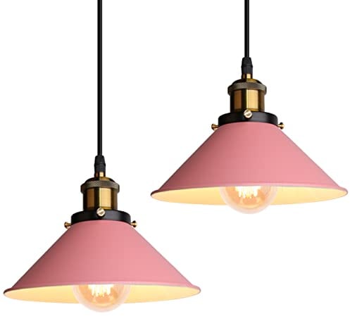 iDEGU Retro Pendelleuchte, 22CM Vintage Hängelampe E27 Industrieller Lampenschirm aus Metall Deckenleuchte Hängeleuchte für Esszimmer Wohnzimmer Küche Schlafzimmer Restaurant (2 Stücke, Rosa)