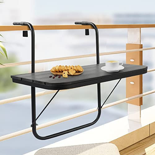 Balkongeländertisch aus Aluminium, 4 Ebenen, höhenverstellbar, faltbar, für Garten, Esstisch, Terrasse, Geländer, Seitendeck, Couchtisch, Polywood-Tischplatte, 60 x 40 x 64 cm, Schwarz